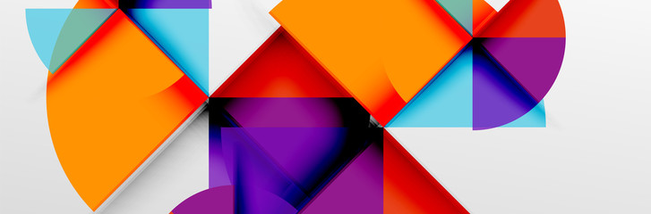 Bright color circles, abstract round shapes and triangles composition with shadow effects. Vector modern geometric design template