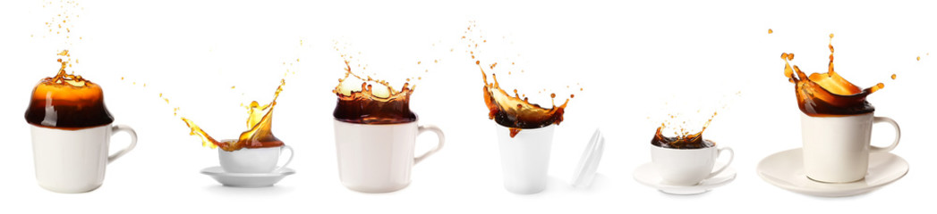 Cup of hot coffee with splash on white background