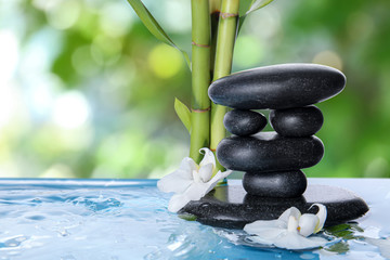 Spa stones, bamboo and flowers in water outdoors