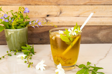 herbal healthy drinks cold chrysanthemum tea local flora of asia with flower jasmine in summer...