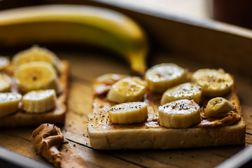 healthy breakfast on a wooden tray