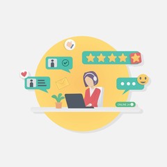 customer service support,call center operator advises client online,24 hours hotline,woman with headphones and microphone with laptop,Vector illustration.