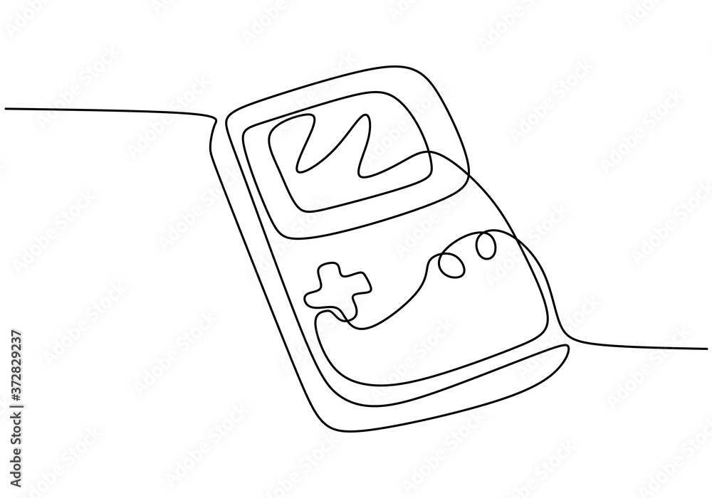 Aufkleber one single line drawing of portable arcade video game watch. vintage console game item hand-draw min