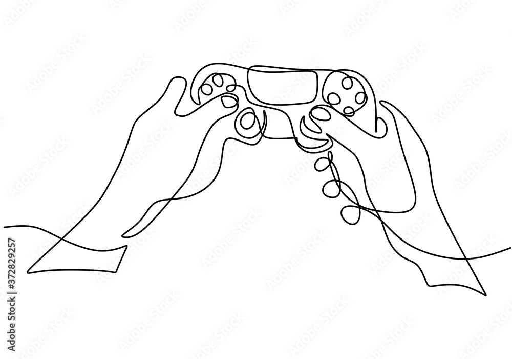 Poster one continuous single line drawing of hands with joystick. video game consoles developed by microsof