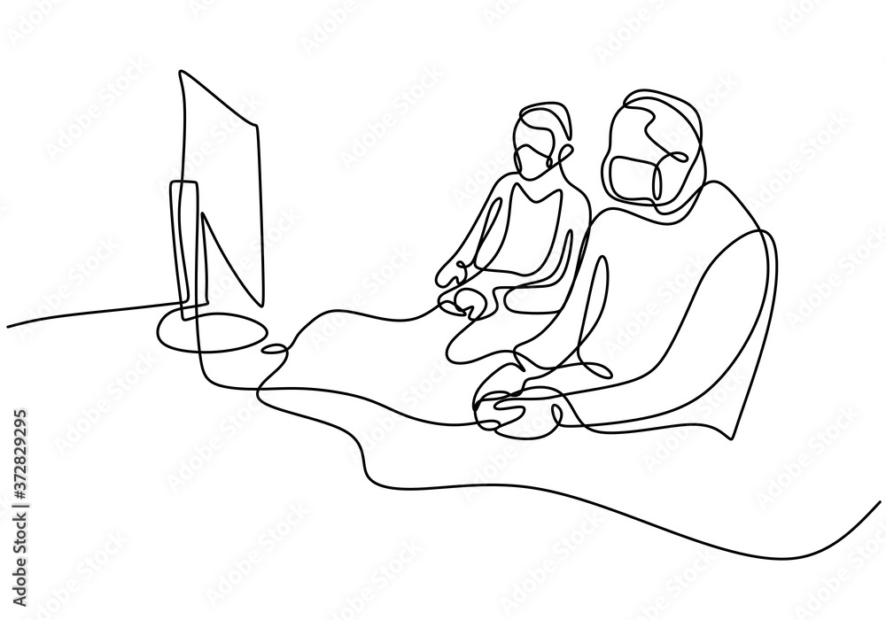 Aufkleber continuous line drawing of gamer with protective face mask. two young man look into monitor screen a