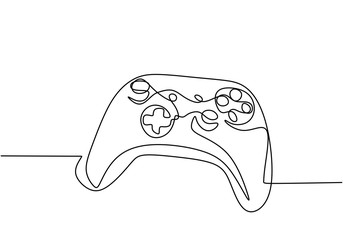 One continuous line drawing of joystick. A game stick to play the game minimalism hand-draw isolated on white background. Modern wireless game controller for PC. Vector illustration © ngupakarti