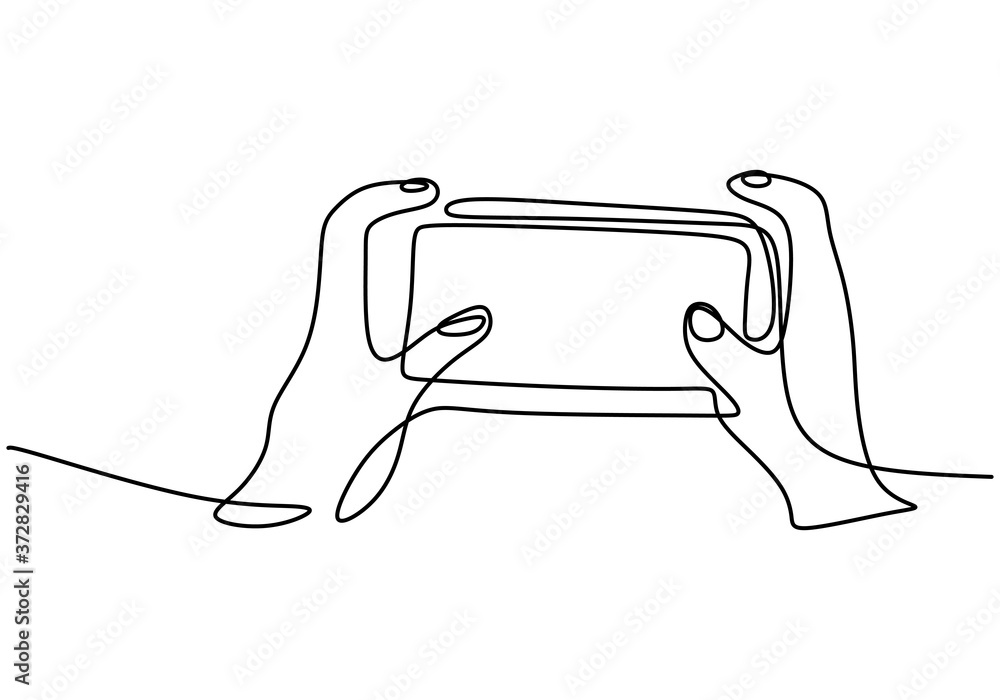 Poster continuous single drawn one line drawing of hand using modern gadget to playing the game. the phone 