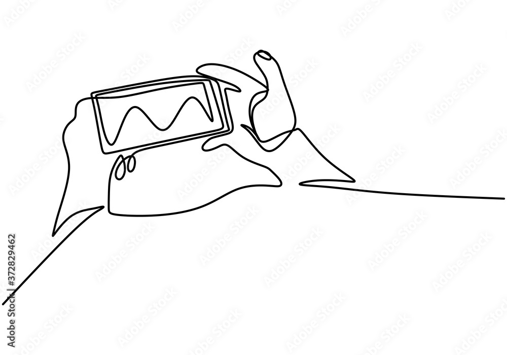 Poster continuous single drawn one line drawing of hand using modern gadget to playing the game. the phone 