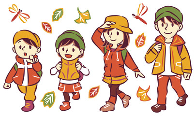 秋の紅葉狩り旅行 アウトドアレジャー 三世代家族 アイコンイラストと吹き出し セット Wall Mural Keiko Kusuhara