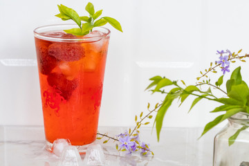 herbal healthy drinks cold strawberry juice and iced of lifestyle in summer decoration on...