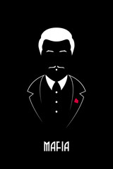 Mafioso boss with mustache and tuxedo. Portrait of the Italian Mafia. Black and white vector illustration.