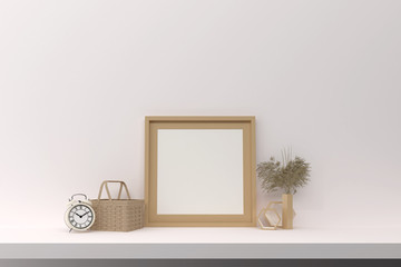 3D Render of Interior Poster Mockup with Blank Frame, Clock, Picnic Basket, and Dried Flower Decoration