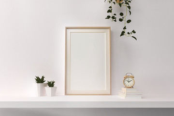 3D Render of Interior Poster Mockup with Blank Frame, Clock, Books Stack, and Succulent