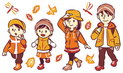 秋の紅葉　家族旅行　アウトドア　イラスト