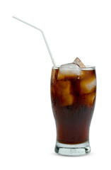 cola water and ice cubes with tube in glass transparent isolated on white background ,include clipping path