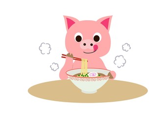 熱々のラーメンをおいしそうに食べるブタさん