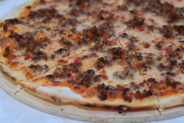 pizza, food, cheese, italian, isolated, pepperoni, tomato, dinner, salami, white, baked, meal, crust, ham, mozzarella, snack, lunch, sausage, tasty, sauce, delicious, pepper, fast, dough, meat