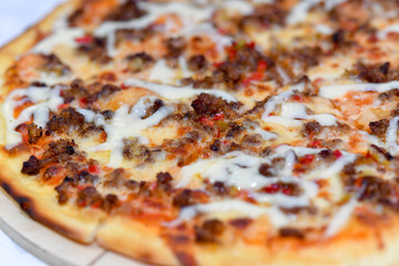 pizza, food, cheese, italian, isolated, pepperoni, tomato, dinner, salami, white, baked, meal, crust, ham, mozzarella, snack, lunch, sausage, tasty, sauce, delicious, pepper, fast, dough, meat