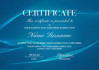 Certificate template with Guilloche pattern (lines). Blue background for Diploma, certificate of achievement, attendance, award design