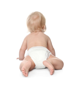 Little baby in diaper on white background, back view
