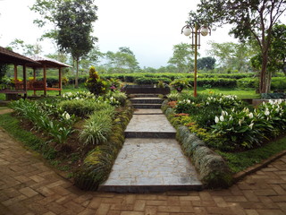 Entrance of tea garden with gazebo in the corner