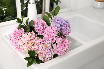Bouquet with beautiful hydrangea flowers in sink