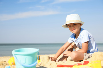 Cute little boy playing with plastic toys on sandy beach