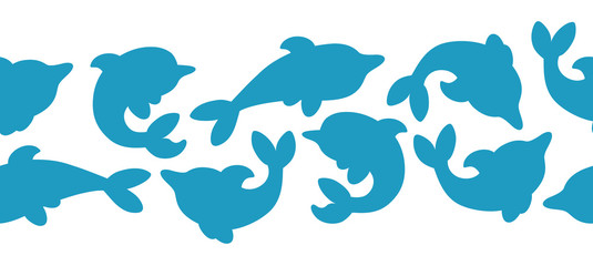Horizontal seamless pattern with silhouettes of dolphins in white background. Minimalistic design with blue dolphins. Flat vector illustration.