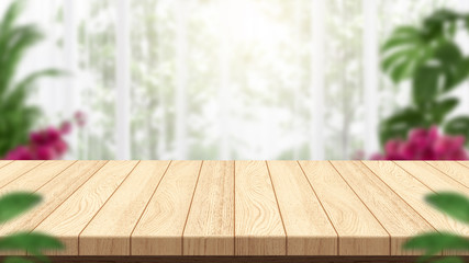 Empty wooden table and blur background, consisting of plants and flower. top wood for montage product display. 3D illustration