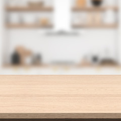 Empty wood table and blurred kitchen background. decorated with kitchenware and kitchen appliances for montage product display. 3D illustration