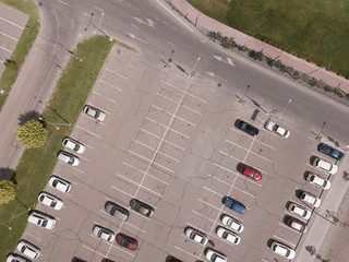 Aerial top down drone shot of city parking. Mega mall. Rostov-on-Don.