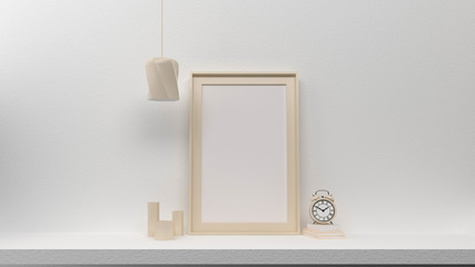 3D Render of Interior Poster Mockup with Blank Frame,  textured white wall, vertical frame and clock