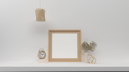 3D Render of Interior Poster Mockup with Blank Frame, Dried Flower,  Decorative Clock, and Hanging Lamp