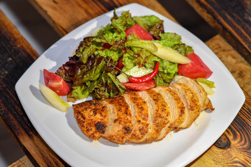 food, plate, meal, meat, fish, dinner, salad, grilled, chicken, dish, tomato, steak, vegetable, healthy, cuisine, white, gourmet, lunch, fried, fillet, sauce, appetizer, pork, fresh, restaurant