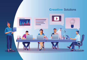 Business concept, social media, learning, People are creating business on internet, analysis and problem solving, Online business promotion, Brainstorming together in team work.Vector illustration