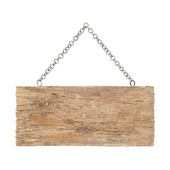 Old wood sign with chain isolated on white