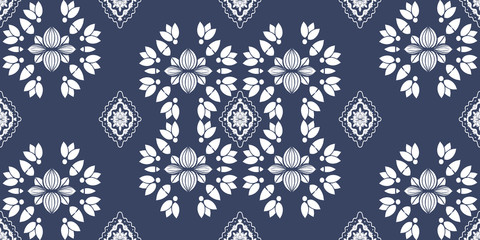 White ornate on blue luxury background. Damask style vector pattern. Renaissance surface design