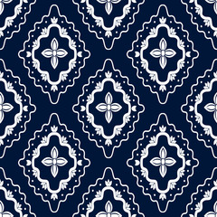 White ornate on blue luxury background. Damask style vector pattern. Renaissance surface design