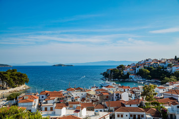 Naklejka na ściany i meble Skiathos island panorama - nice Mediterranean Greek island.