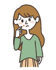 顔に吹き出ものができて困る若い女性のイラスト