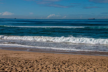 Stretch of Beach with Ships Anchored on Horizon