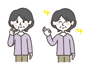 シミを気にするおばあさんと、シミを取り除いたおばあさんのイラストセット