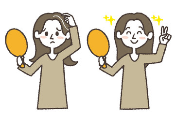 白髪を気にする若い女性と、そめて笑顔の若い女性のイラスト