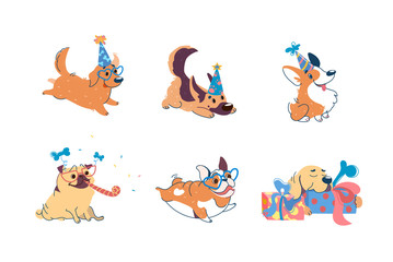 Dogs have a birthday. Puppies of different breeds at a party: Labrador, Corgi, German Shepherd, Pug, American Bulldog, Retriever. On dogs caps, glasses. Set in cartoon style for design of party