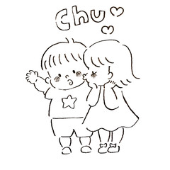 ほっぺーにチューをする子供のペン画