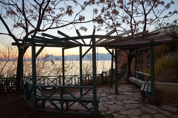 View of the gazebo with wooden slats, plant silhouettes and the sky in the background at sunset in the evening