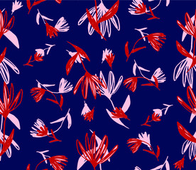 Hand Drawing Abstract Exotic Flowers and Leaves Sketch Repeating Vector Pattern Isolated Background