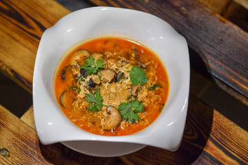soup, food, bowl, vegetable, dinner, meal, lunch, dish, healthy, plate, carrot, fish, cuisine, thai, white, chicken, hot, appetizer, tomato, vegetarian, parsley, gourmet, meat, eat, broth