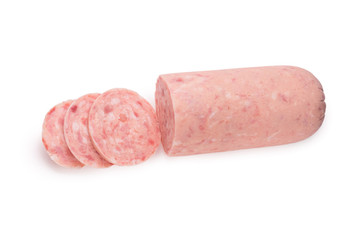 Boiled sausage isolated on white background. Slices.