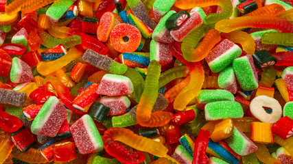 Assorted gummy candies. Top view. Jelly  sweets background.